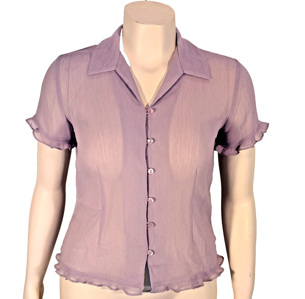 Notations Short Sleeve Chiffon Blouse Lavender Purple Women's S Ruffle Button Up